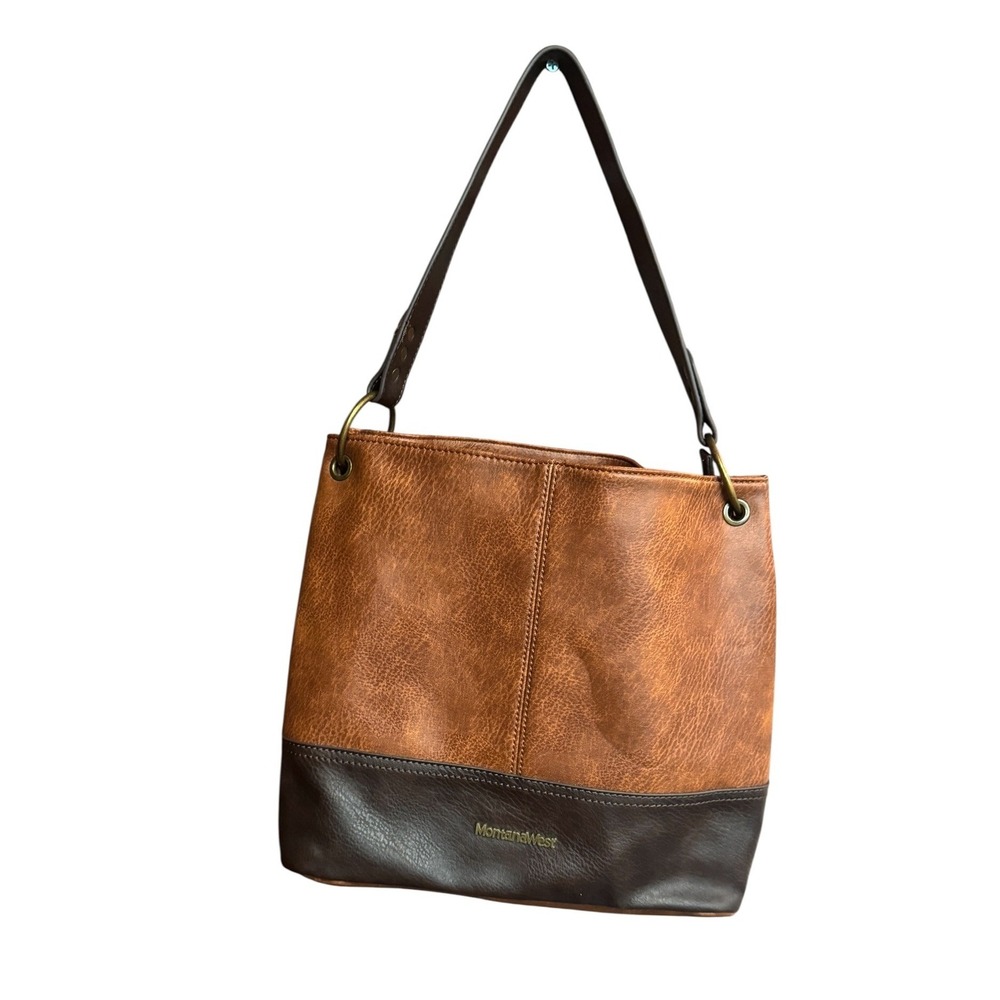Montana West Select Brown Vegan Leather Two-Tone Shoulder Bag Hobo Tote Handbag